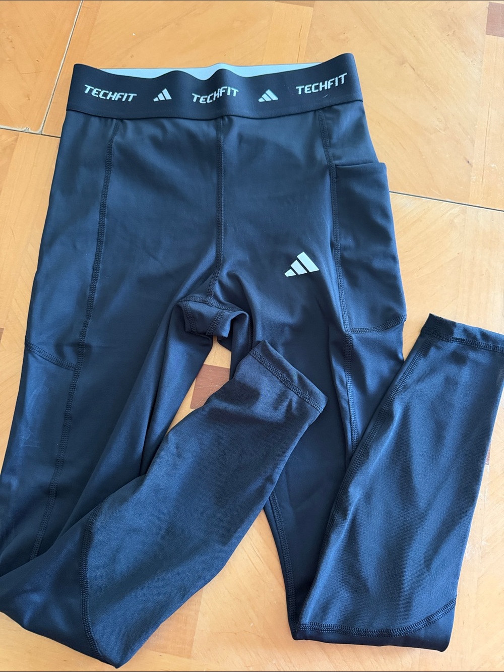 adidas Techfit Youth Black Compression Leggings with White Logo